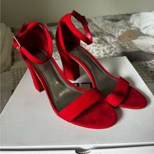 Red Ankle-Strap Suede Heels